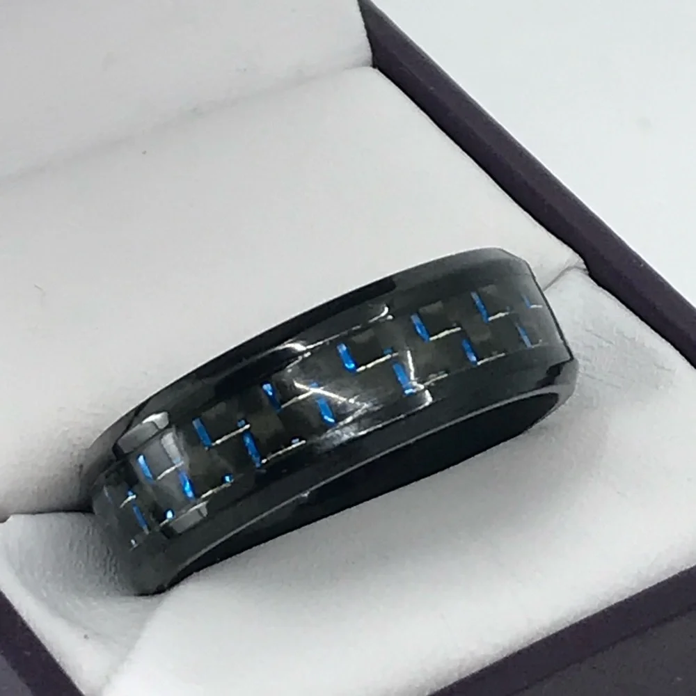 Mens Black Ceramic Carbon Fiber Stainless Steel Ring With Blue Accents Size 11.5